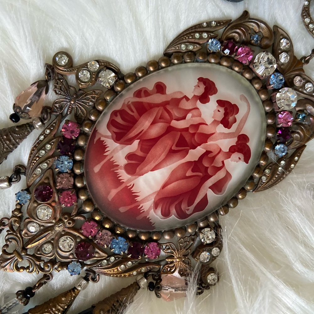 Antique Czecho glass necklace women figures dancing